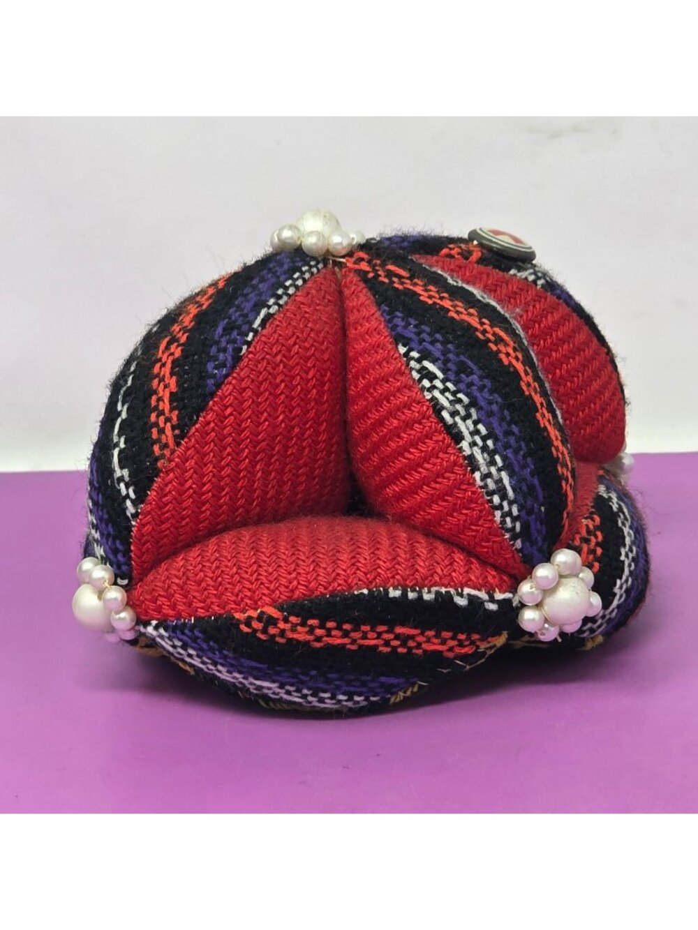 Handmade Quilted Fabric Pincushion Decorative Pearl Trim Pumpkin Shape‎ Sewing